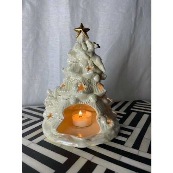 Vintage Iridescent Ceramic Christmas Tree Tealight Holder – Gold Star Accents - Picture 4 of 9